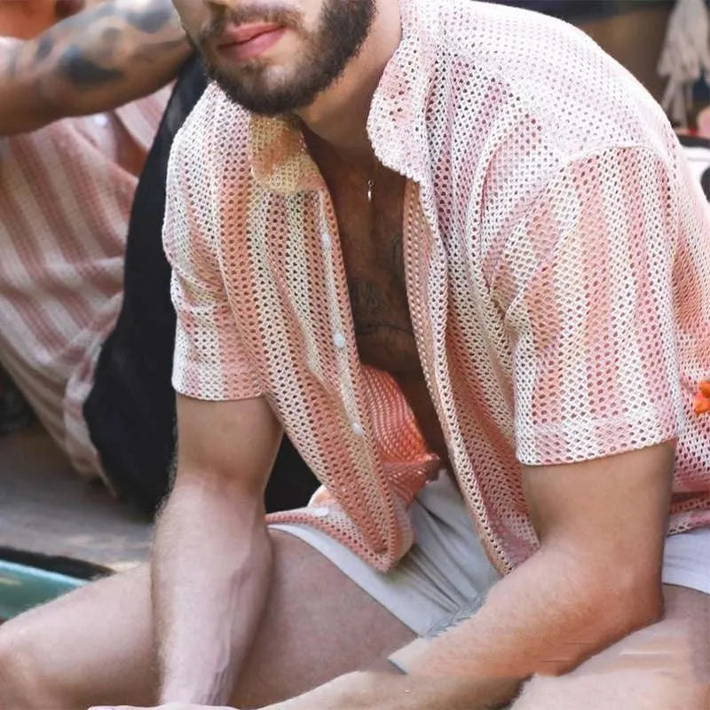 Pink men's loose-fit waffle texture cardigan shirt with short sleeves on a hanger