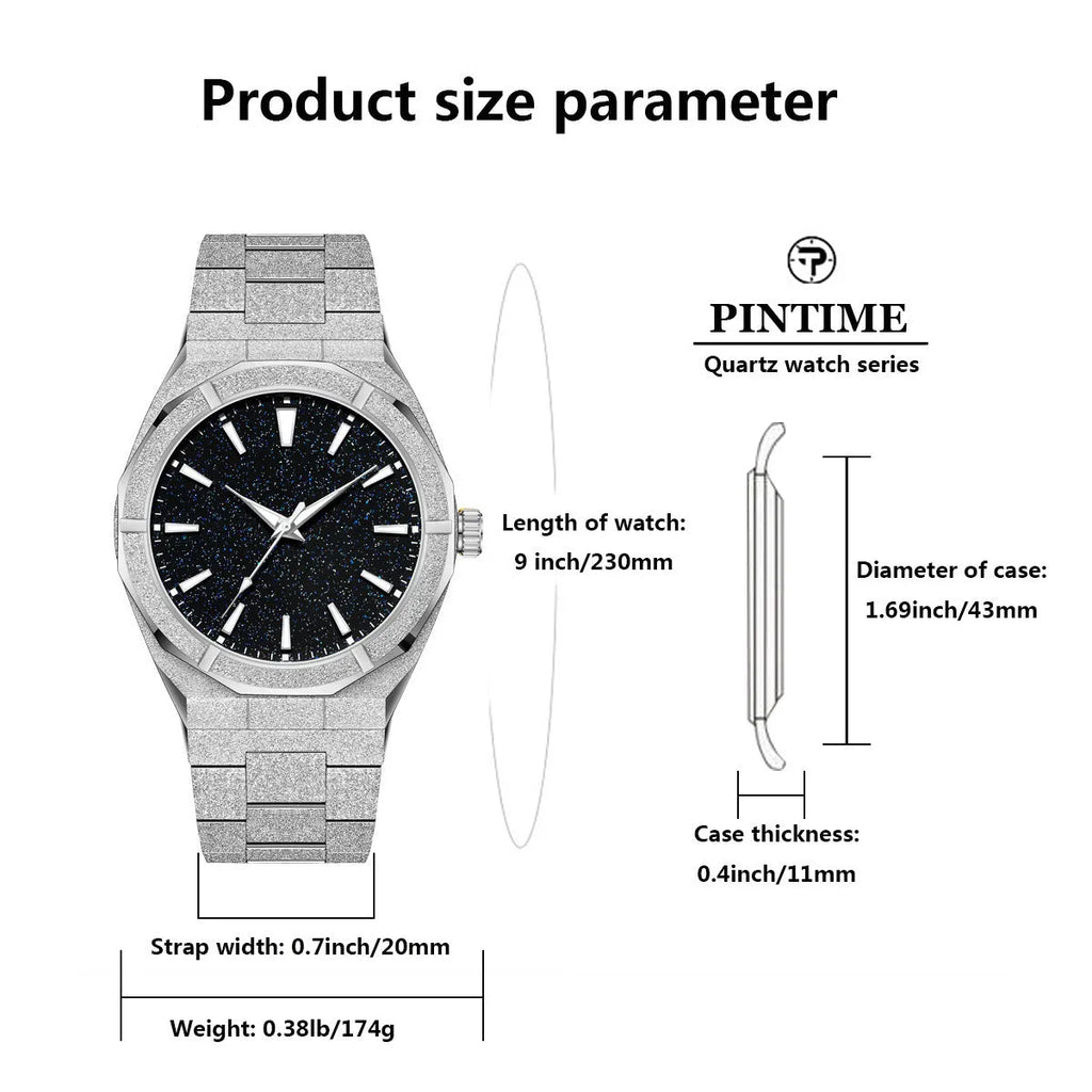 Business men's wristwatch with frosted stainless steel case and luminous hands in silver colour