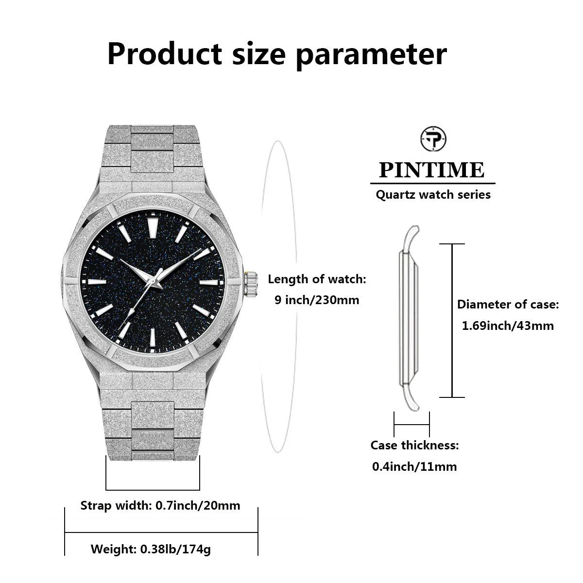 Business men's wristwatch with frosted stainless steel case and luminous hands in silver colour
