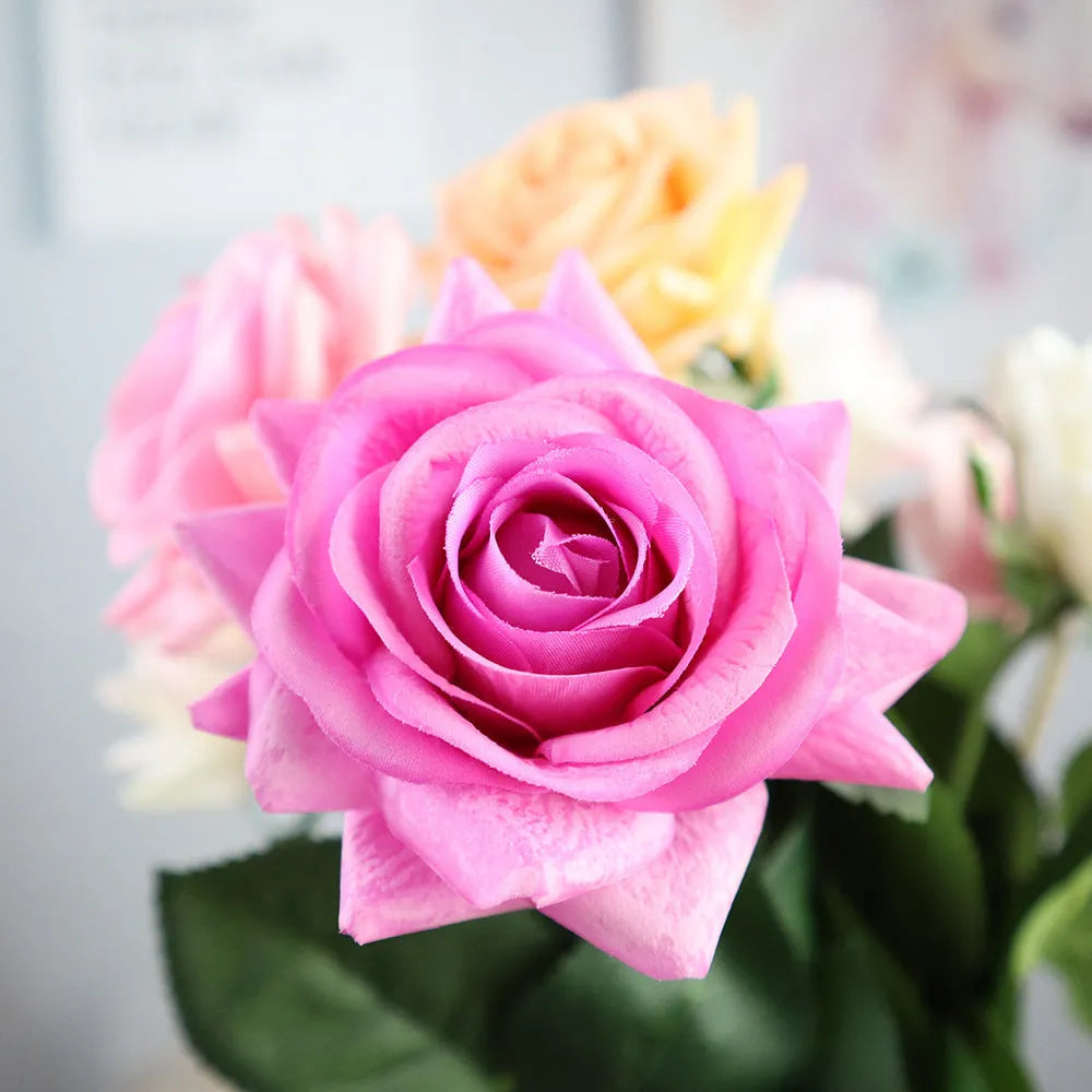 Silk touch rose artificial flower with 42cm stem and 8.5cm diameter flower head in various colours