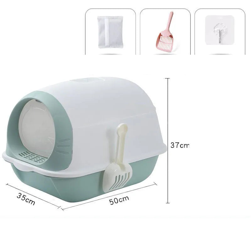 Elevated semi-closed cat litter box with flip cover in grey purple, includes shovel and deodorant bag