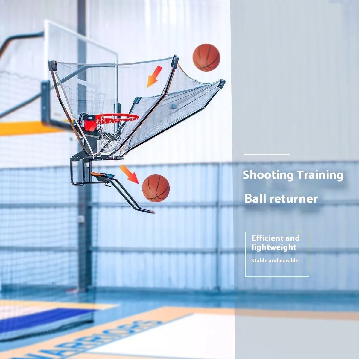 Second generation basketball training ball return with automatic pitching serve, hanging from a hoop.