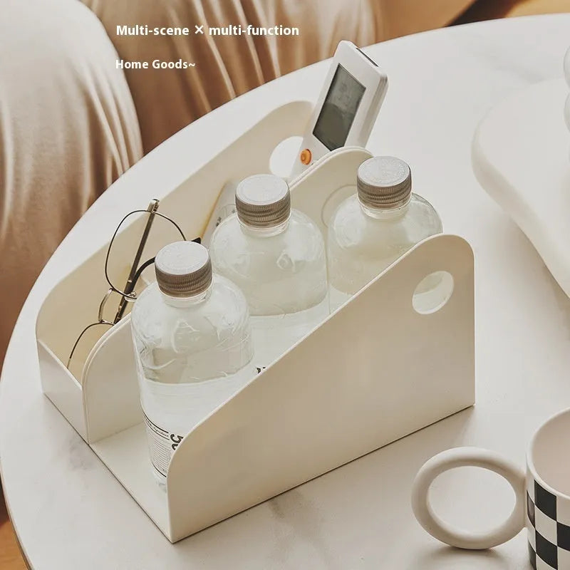 Plastic desktop storage box with two shelves in milk coffee colour, dimensions 14.5x17x22 cm