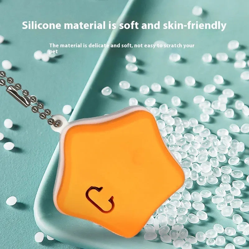 Blue rechargeable silicone pendant light for dog collars, showing three light modes.