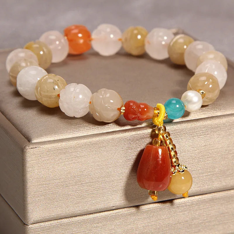 Yellow agate crystal beads on gold silk adjustable bracelet for women