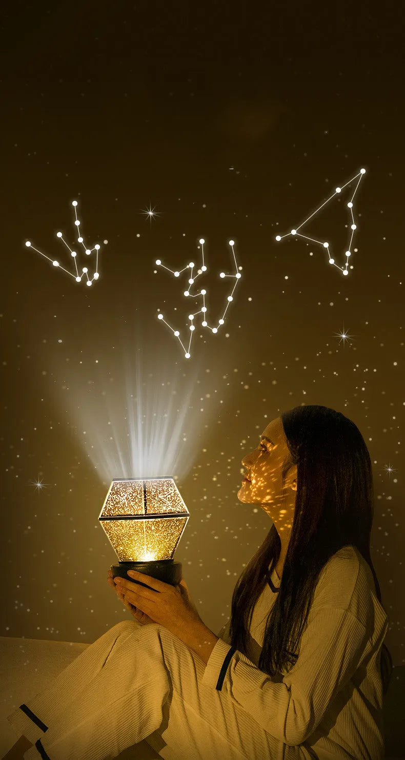 Children's rotating stars LED night light showing static and rotating three-colour mode options