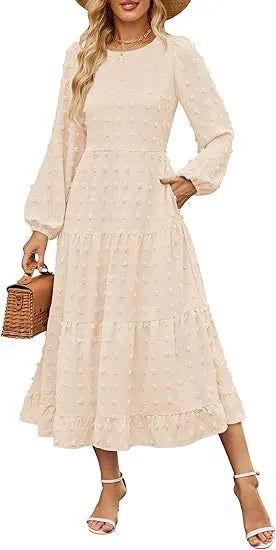 Women's solid colour long sleeve dress with ruffled sleeves and high waist in autumn colours