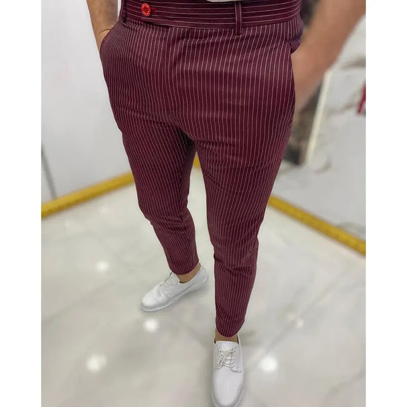 Men's thin striped slim casual trousers in chemical fibre blend, mid waist, button fly, available in multiple colours