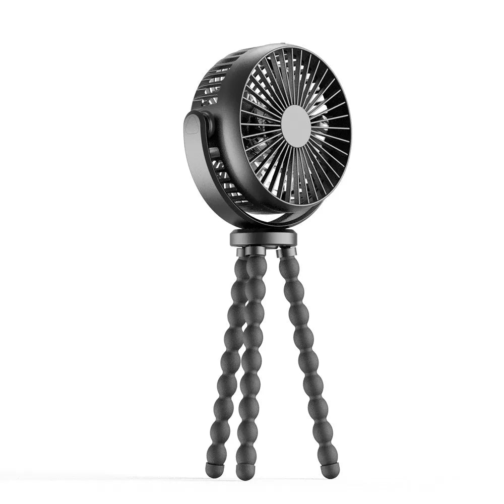 HOMEFISH F2 automatic oscillating stroller fan with LED light and removable mount on a pram.