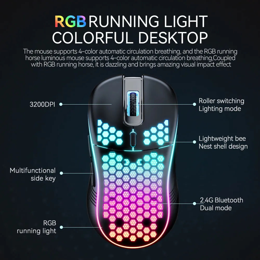 SA-1 dual mode honeycomb shell RGB wireless gaming mouse in black with honeycomb pattern and glowing scroll wheel