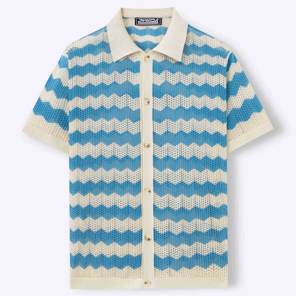 Men's blue short sleeve sweater with textured hollow jacquard corrugated pattern