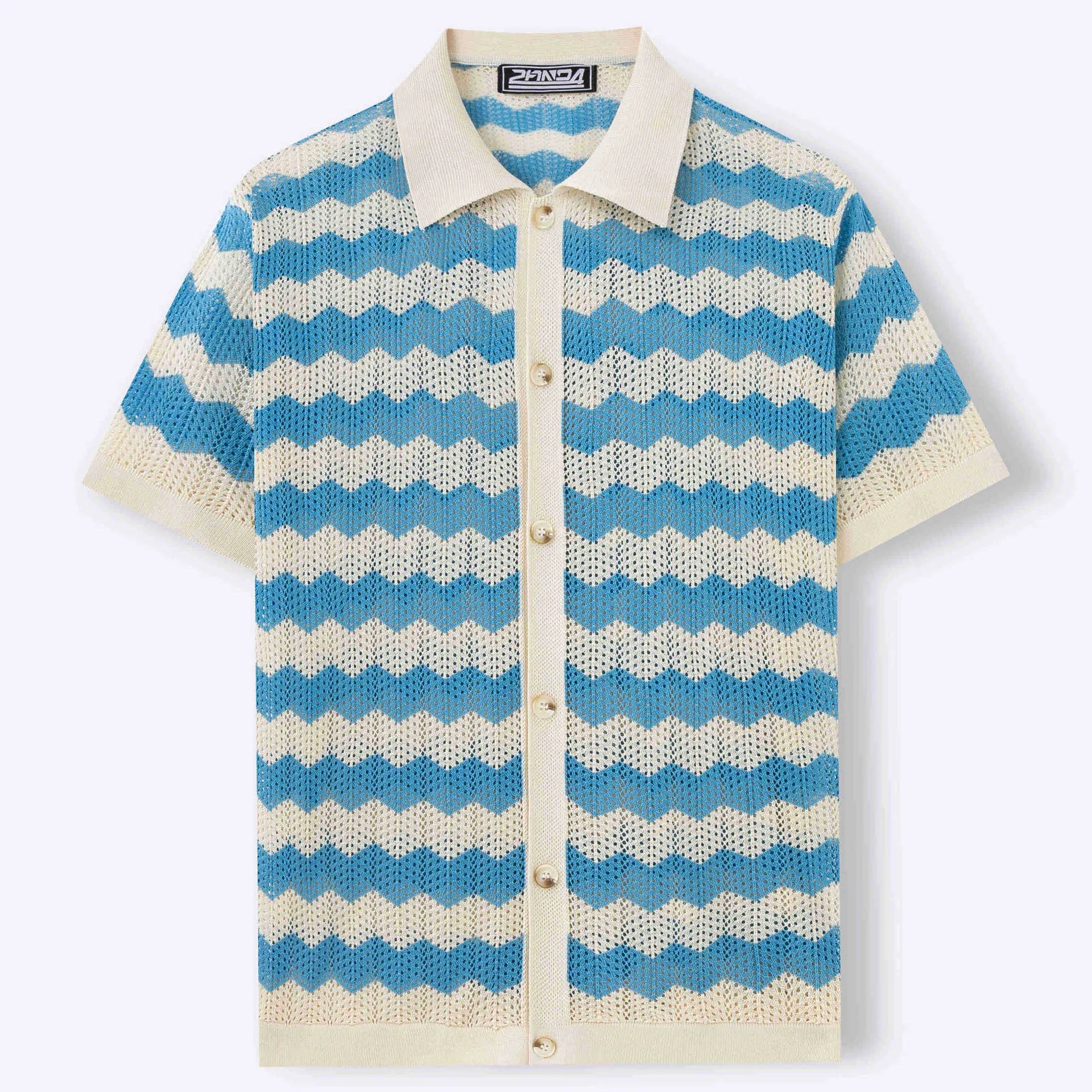 Men's blue short sleeve sweater with textured hollow jacquard corrugated pattern