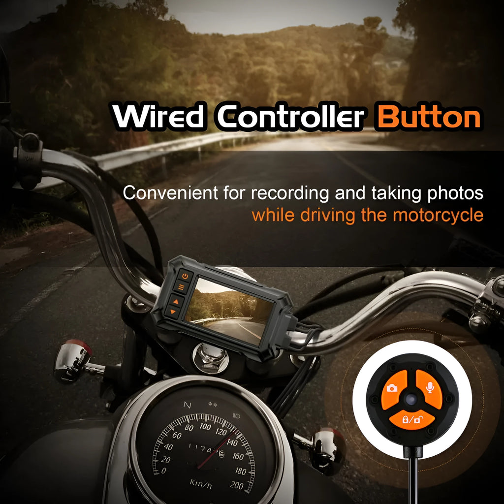 3 inch motorcycle dashcam with dual lenses, GPS module, and installation accessories for front/rear recording