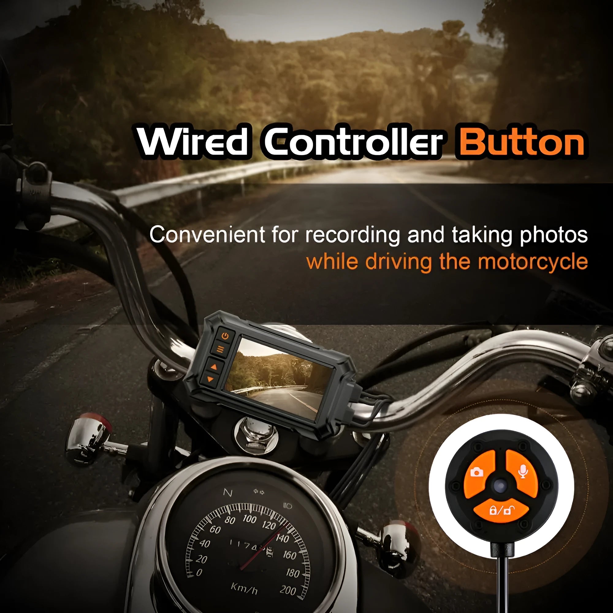 3 inch motorcycle dashcam with dual lenses, GPS module, and installation accessories for front/rear recording