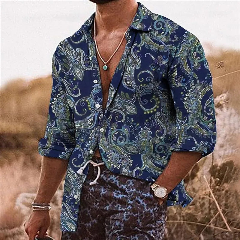 Men's loose fit bohemian shirt with detailed 3D floral pattern printing on polyester fabric