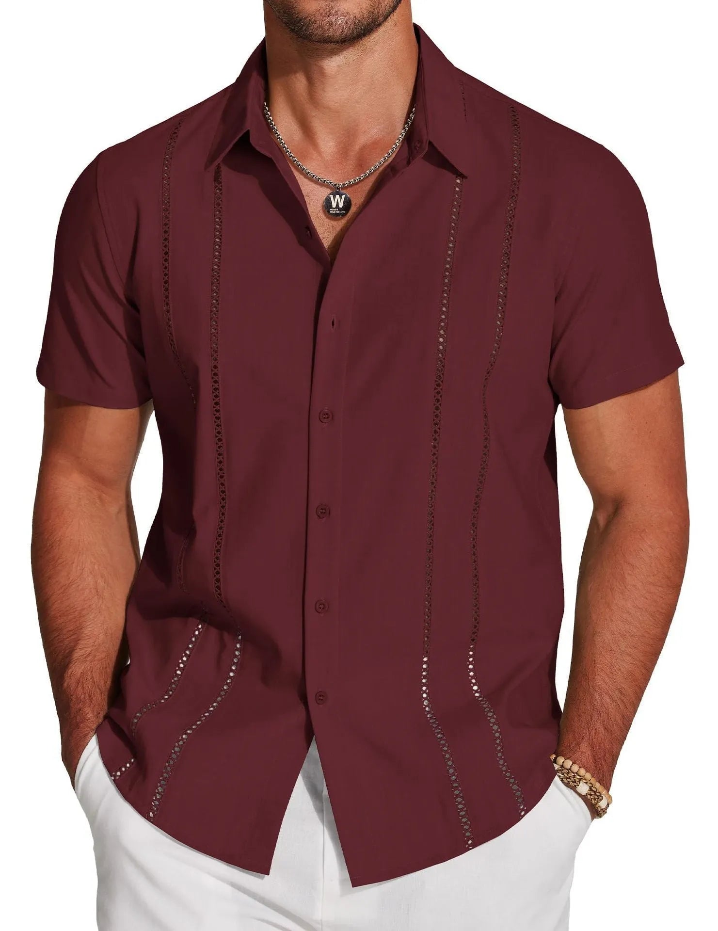 Men's slim fit Hawaiian shirt with digital print pattern and short sleeves showing elastic band construction