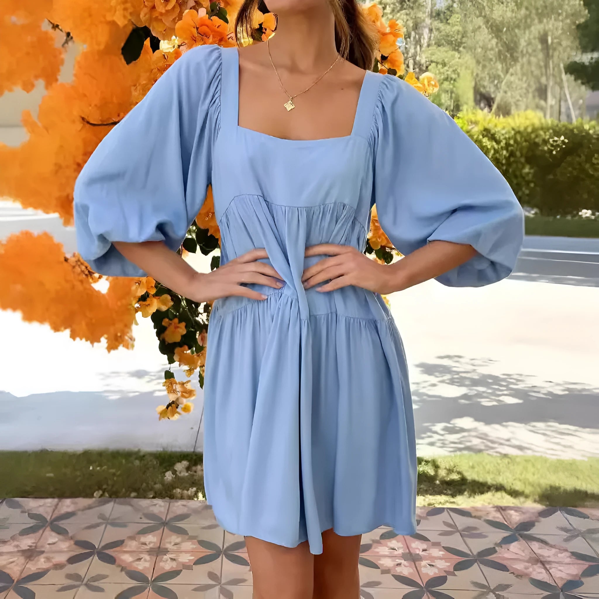 Children's square collar puff sleeve backless A-line dress in orange or light blue