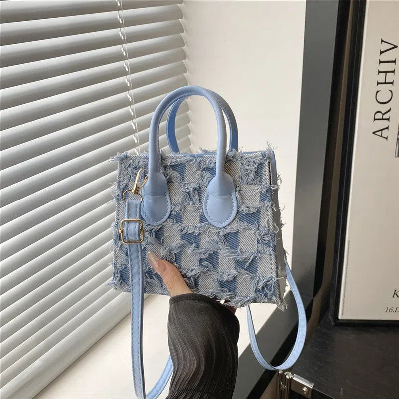 Women's denim plaid crossbody bag with single shoulder strap, phone pocket, black, blue, dark blue, white