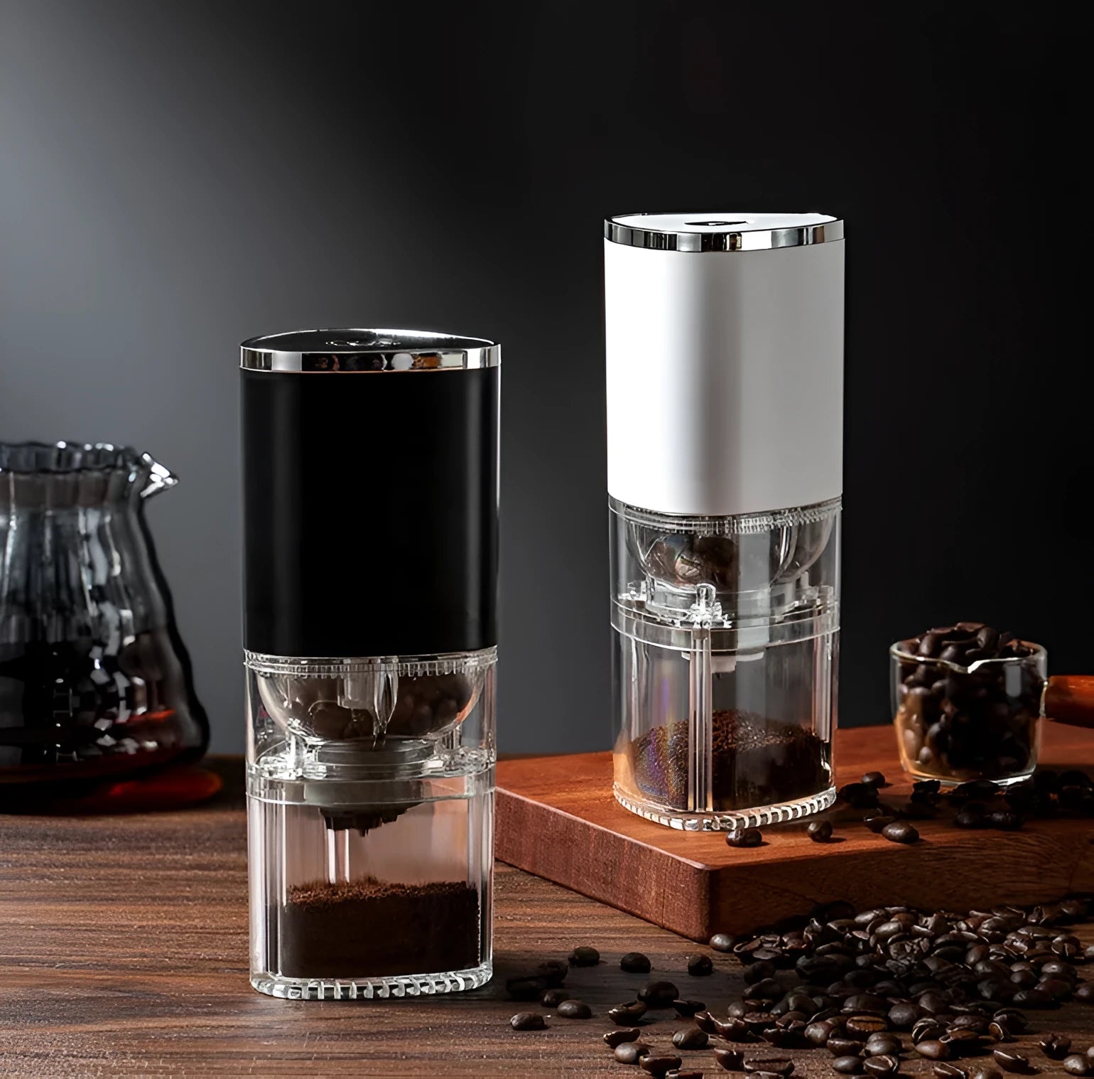 Frosted white electric coffee grinder with ceramic burr, USB-C port, and 25g capacity on a table