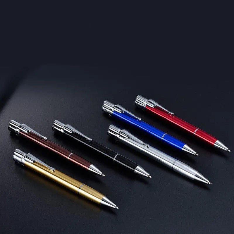 Windproof metal jet pen lighter in assorted colours showing slim refillable design