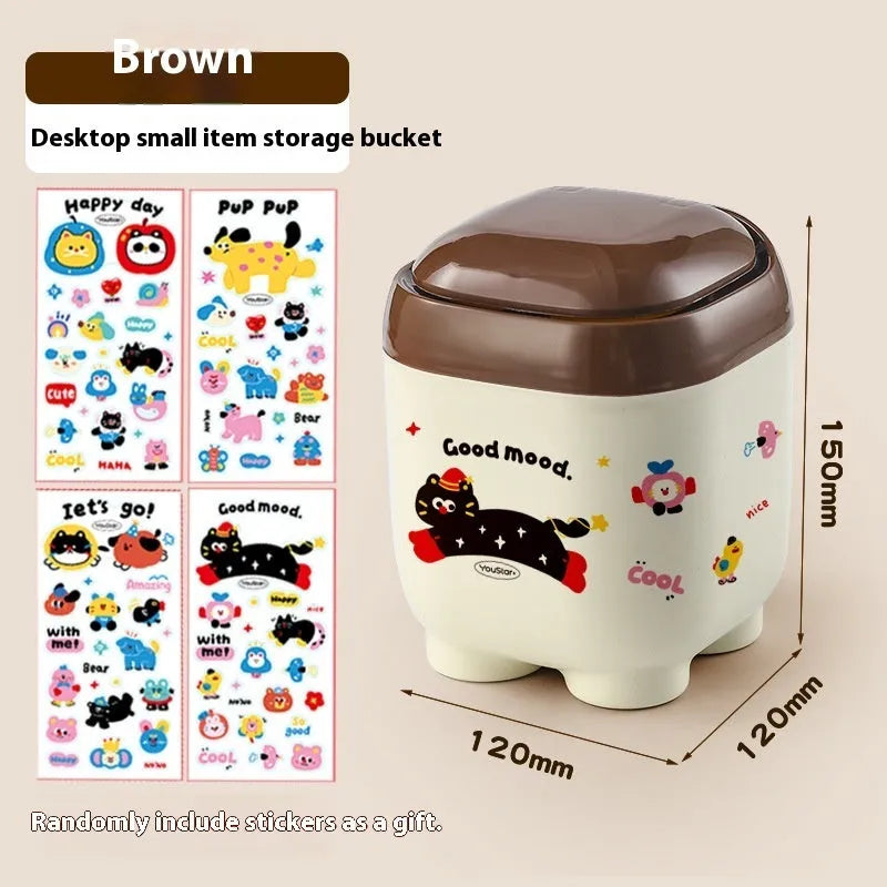 Cartoon-style red and brown plastic desktop storage organiser with 2L capacity and organisation stickers.