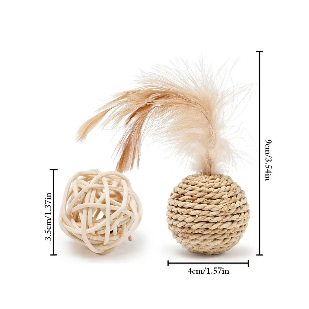 Natural rattan ball and colourful faux feather bell ball cat toy set