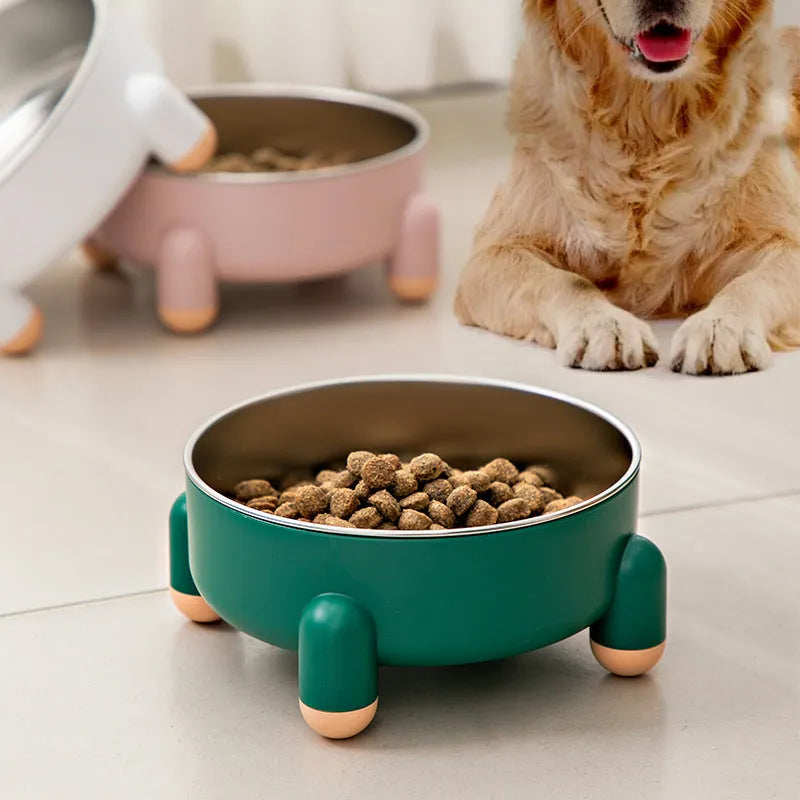 Non-slip stainless steel pet food bowl with high foot in green, pink, and white colour options