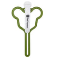 A coloured hands-free dog poop bag holder with a fixed clip and velcro strap attached to a dog leash.