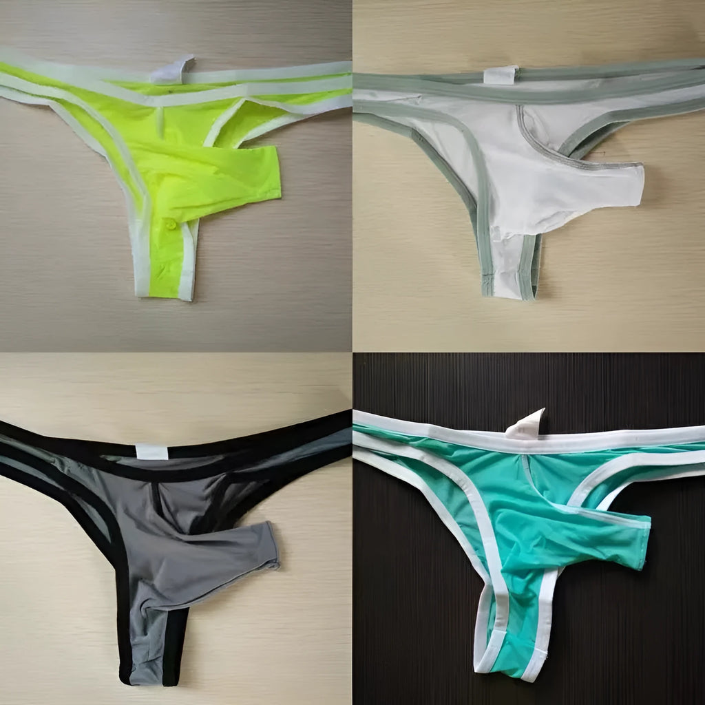 Men's ice silk nylon briefs in elephant nose style, shown in multiple colours.