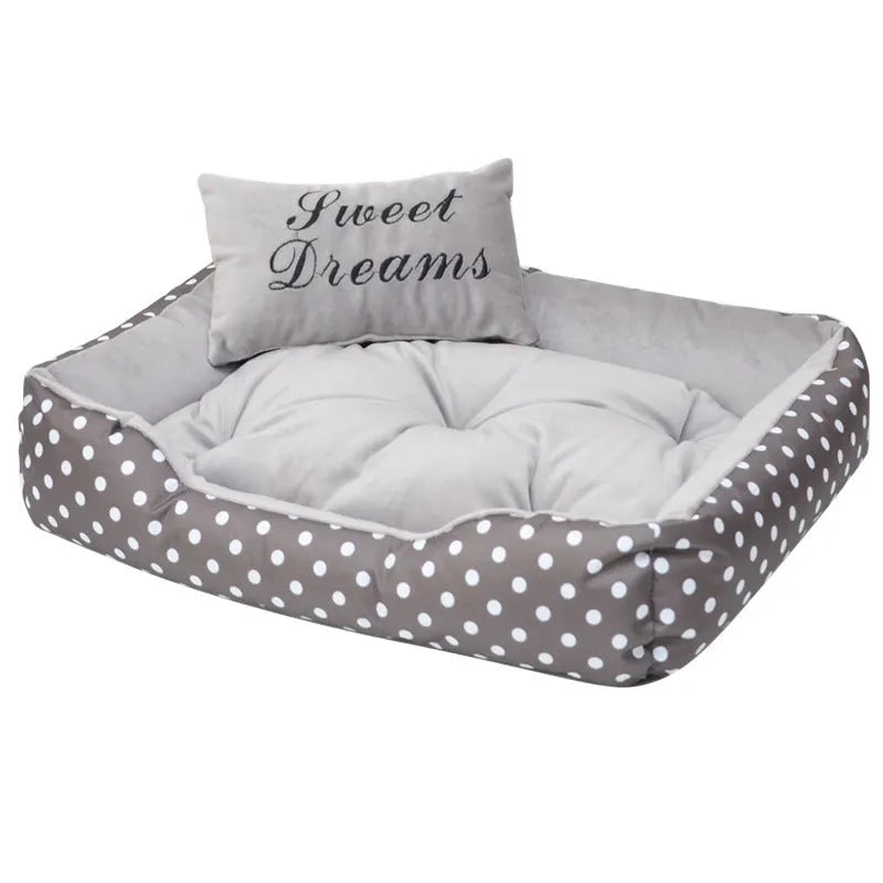 Polka dot printed small dog bed with removable square pillow in grey with matching embroidery