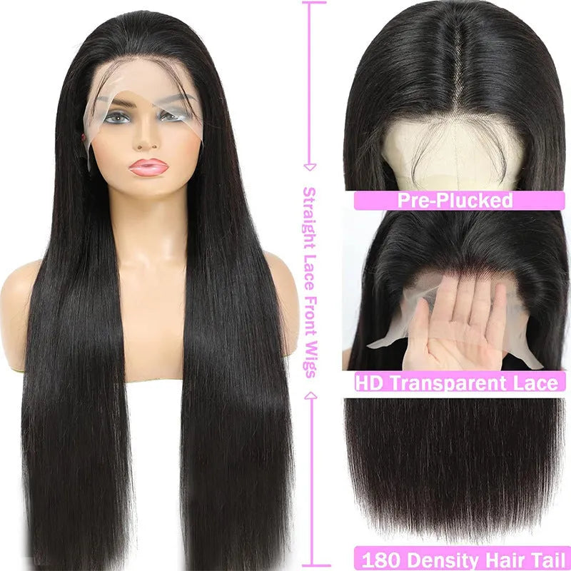 Black straight 13x6 lace front human hair wig displayed on a mannequin head, showing a natural hairline.