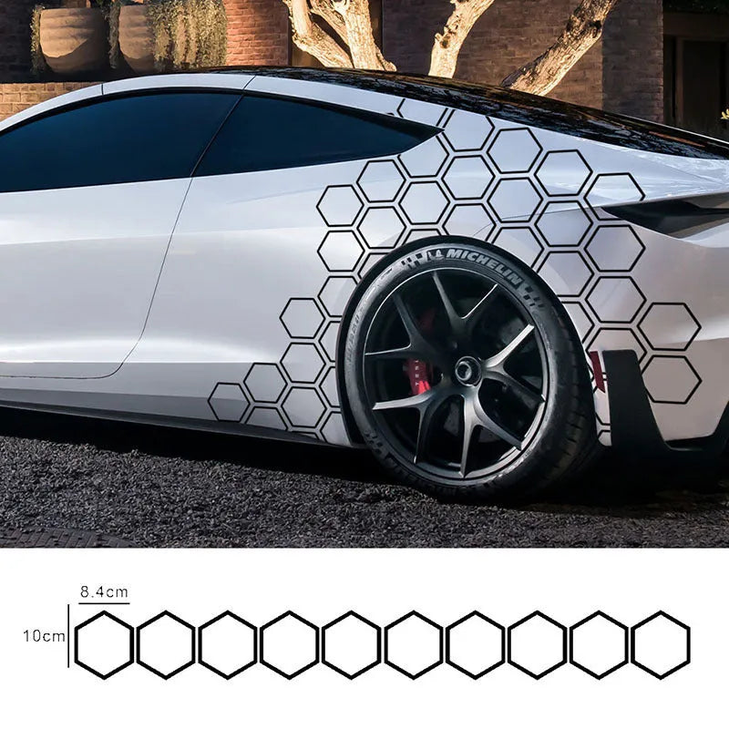 Set of 10 reflective hexagon pattern car body stickers in black, white, red, and colourful, each 8.4x10cm