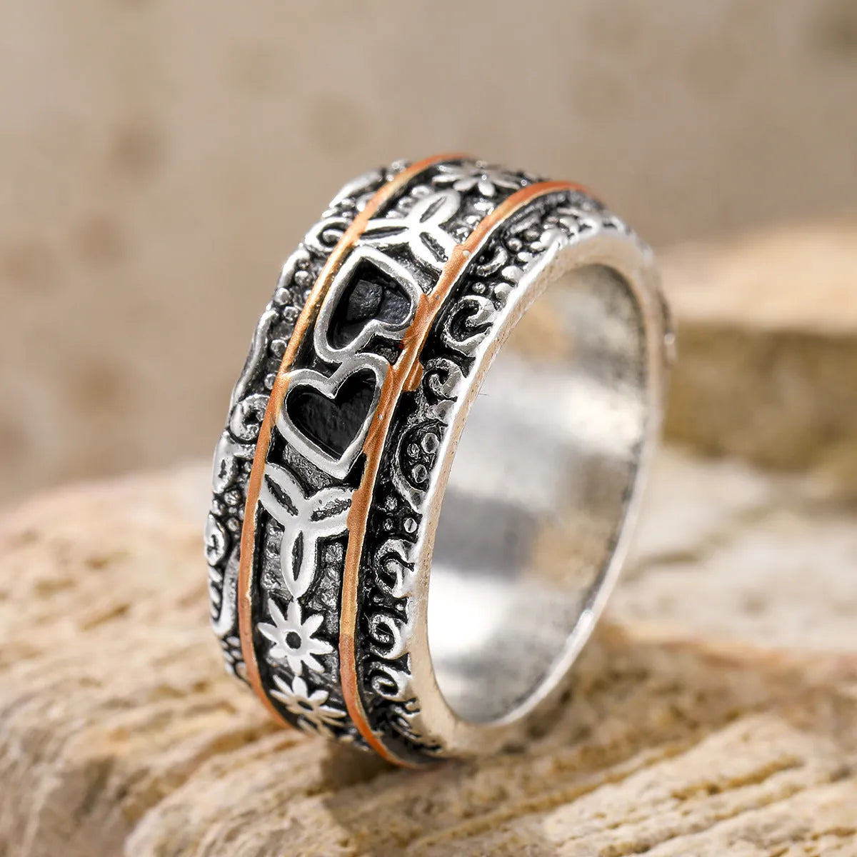 Personality love wide noodle ring for women in silver zinc alloy electroplated finish