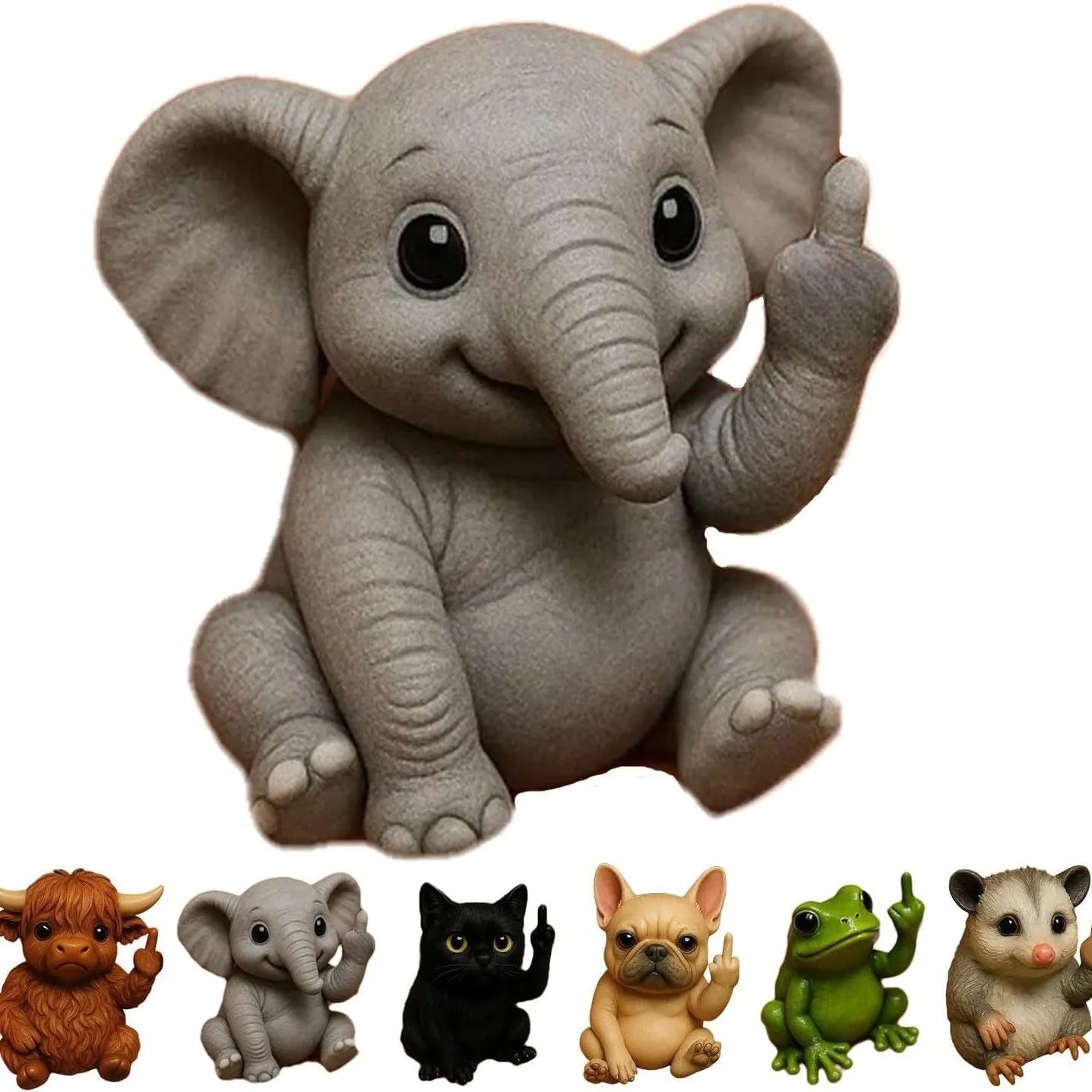 Mini resin animal doll with raised middle finger in dog, cat, elephant, frog, mouse, turtle, or Highland cattle style.