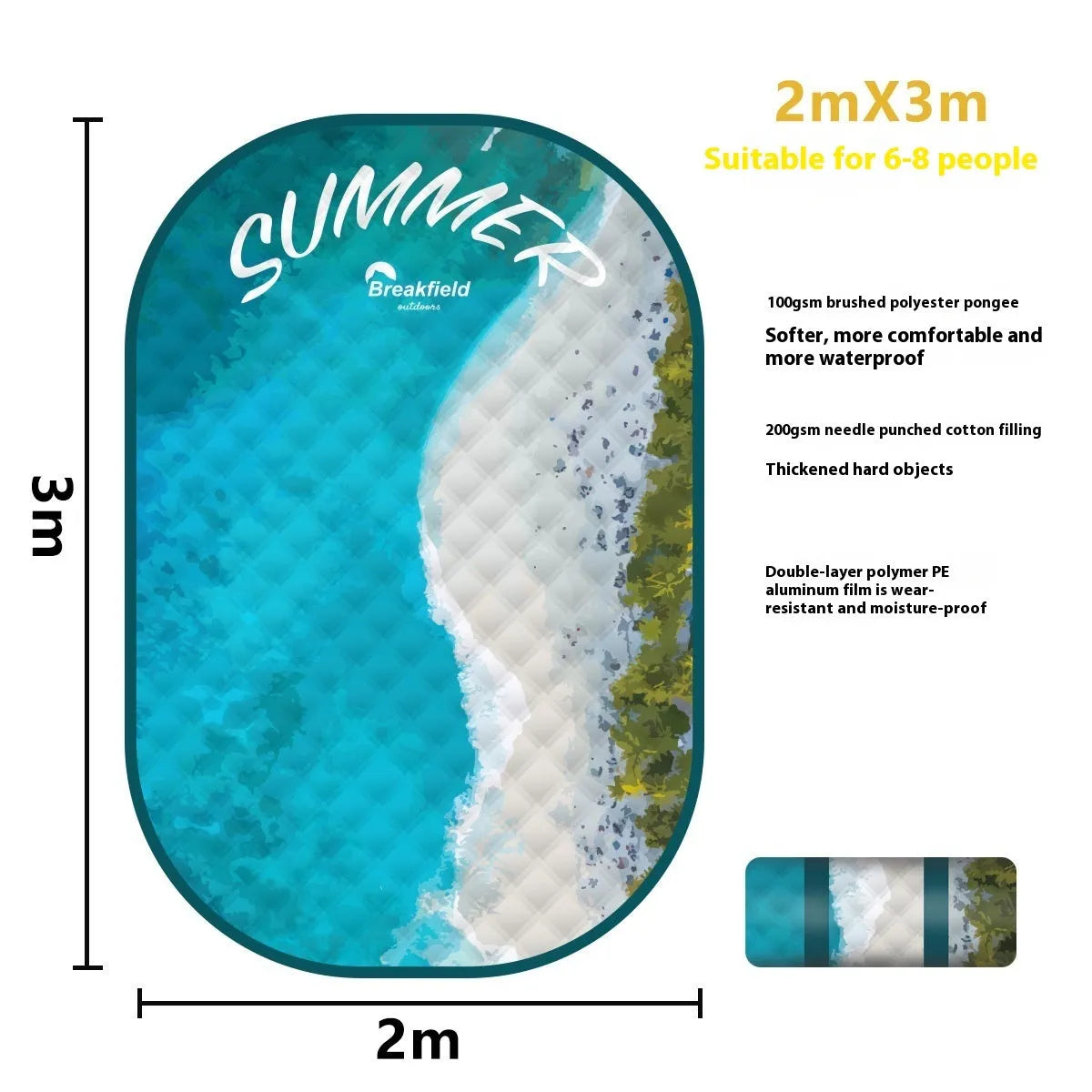 Waterproof outdoor picnic mat in a seasonal colour, shown unrolled on grass.