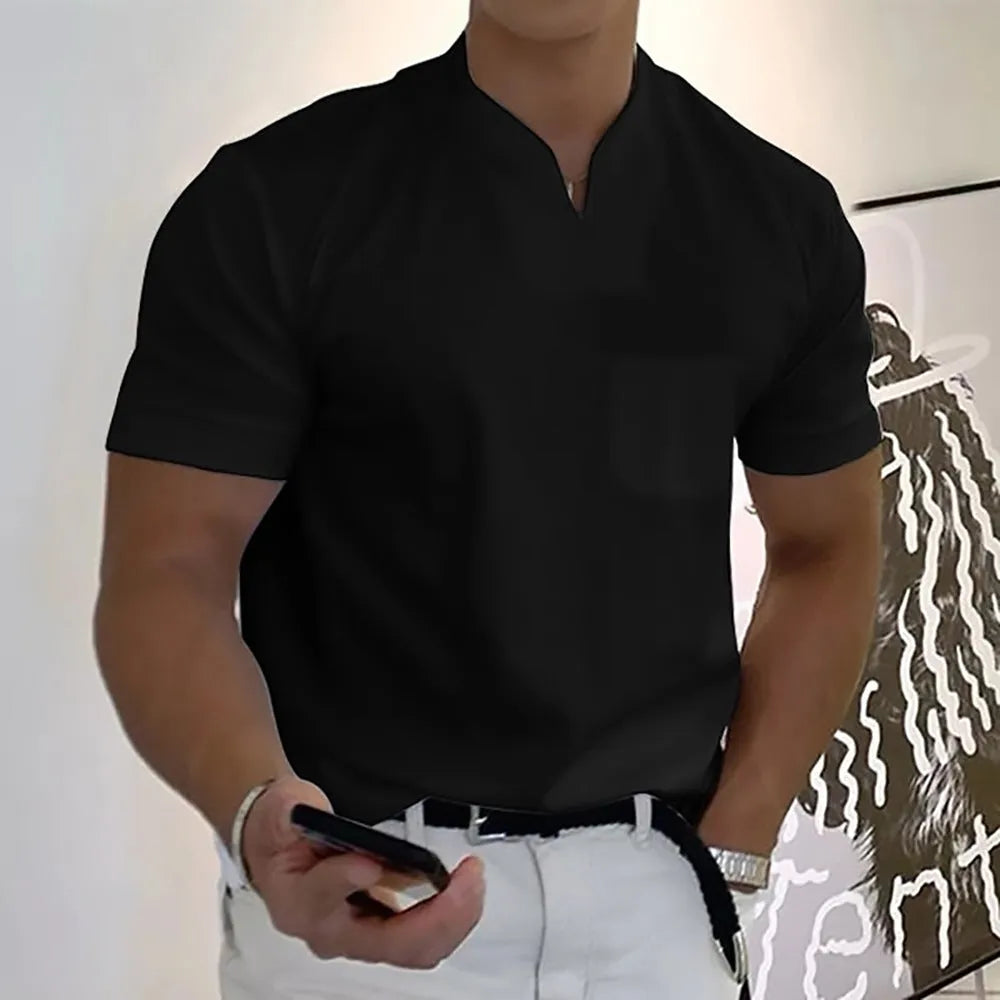 Men's summer short sleeve shirt with pocket in light grey, loose stand collar fit with plain pattern, plus size S-5XL