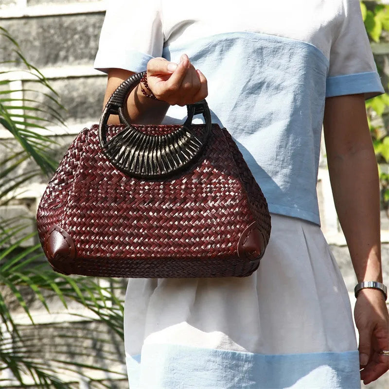 Handwoven rattan straw bag for women with wooden handle, cotton lining, and zipper closure in khaki colour