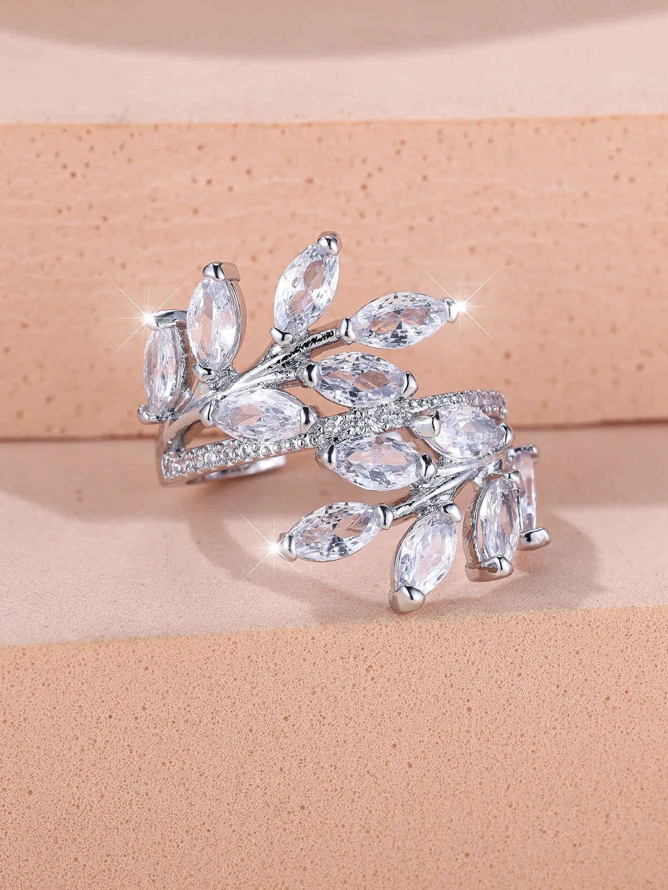 Adjustable copper leaf ring with horse eye design and zircon stones in multiple colour options