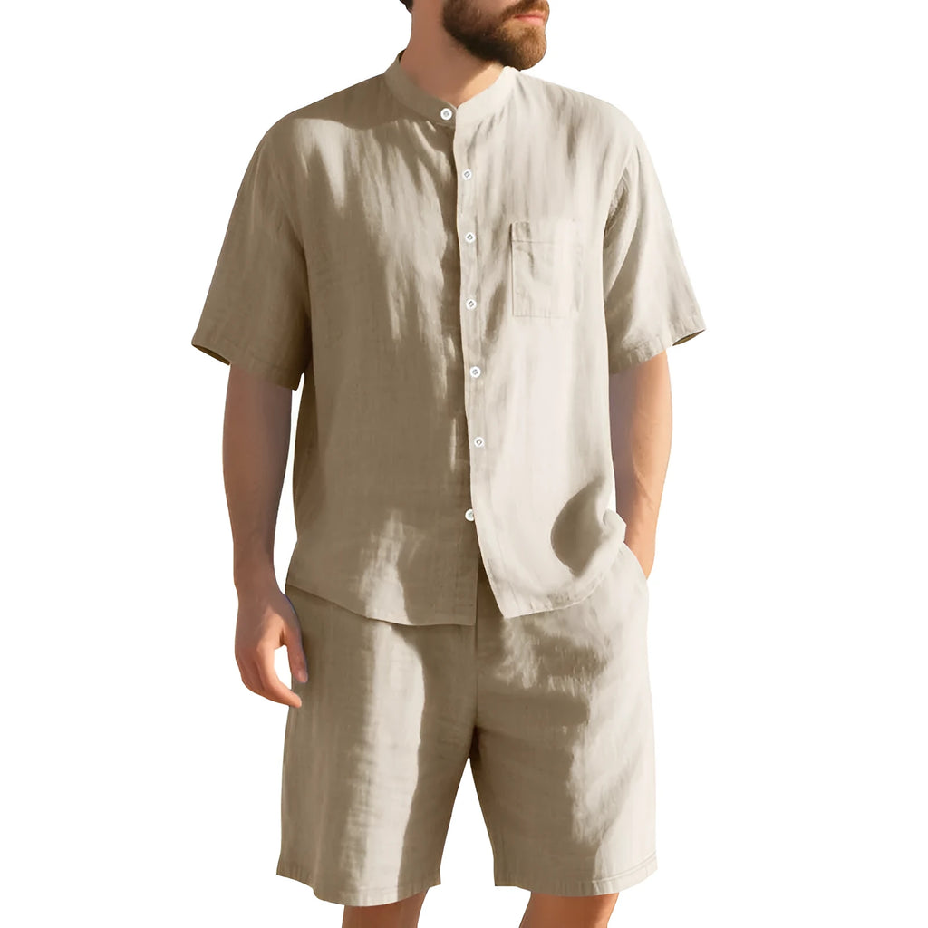 Men's light blue short sleeve linen shirt and shorts two-piece casual suit set on a hanger.