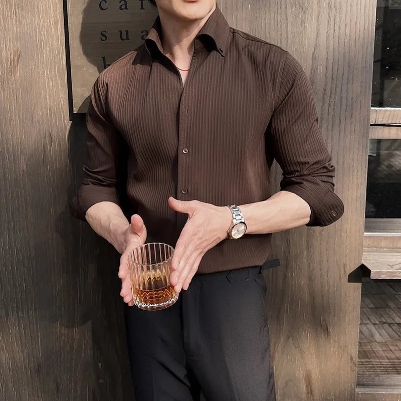 Men's striped V-neck long sleeve casual shirt in cardigan style
