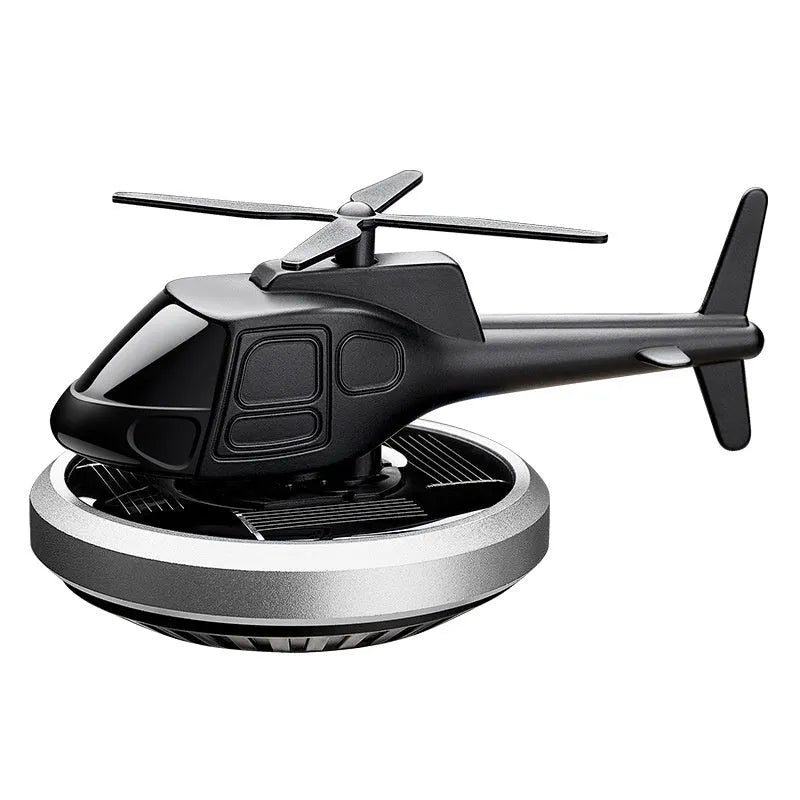 Solar-powered metal helicopter car air freshener ornament with rotating blades in three colour options