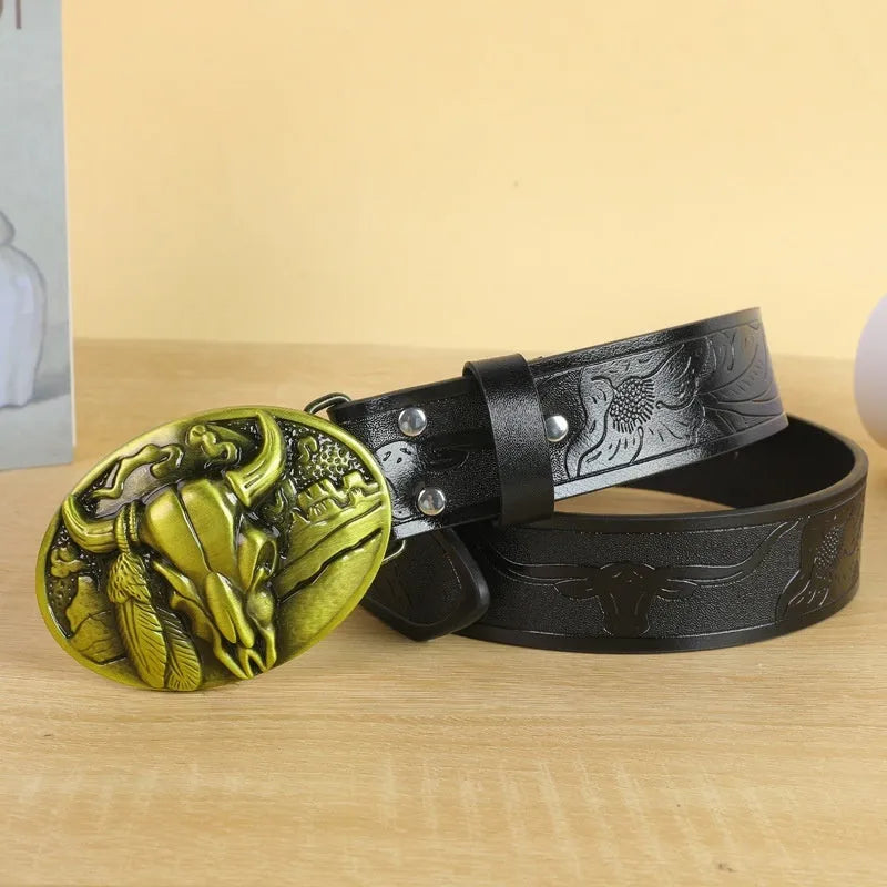 Cow head buckle men's imitation leather belt in black and brown colour options showing decorative alloy buckle detail