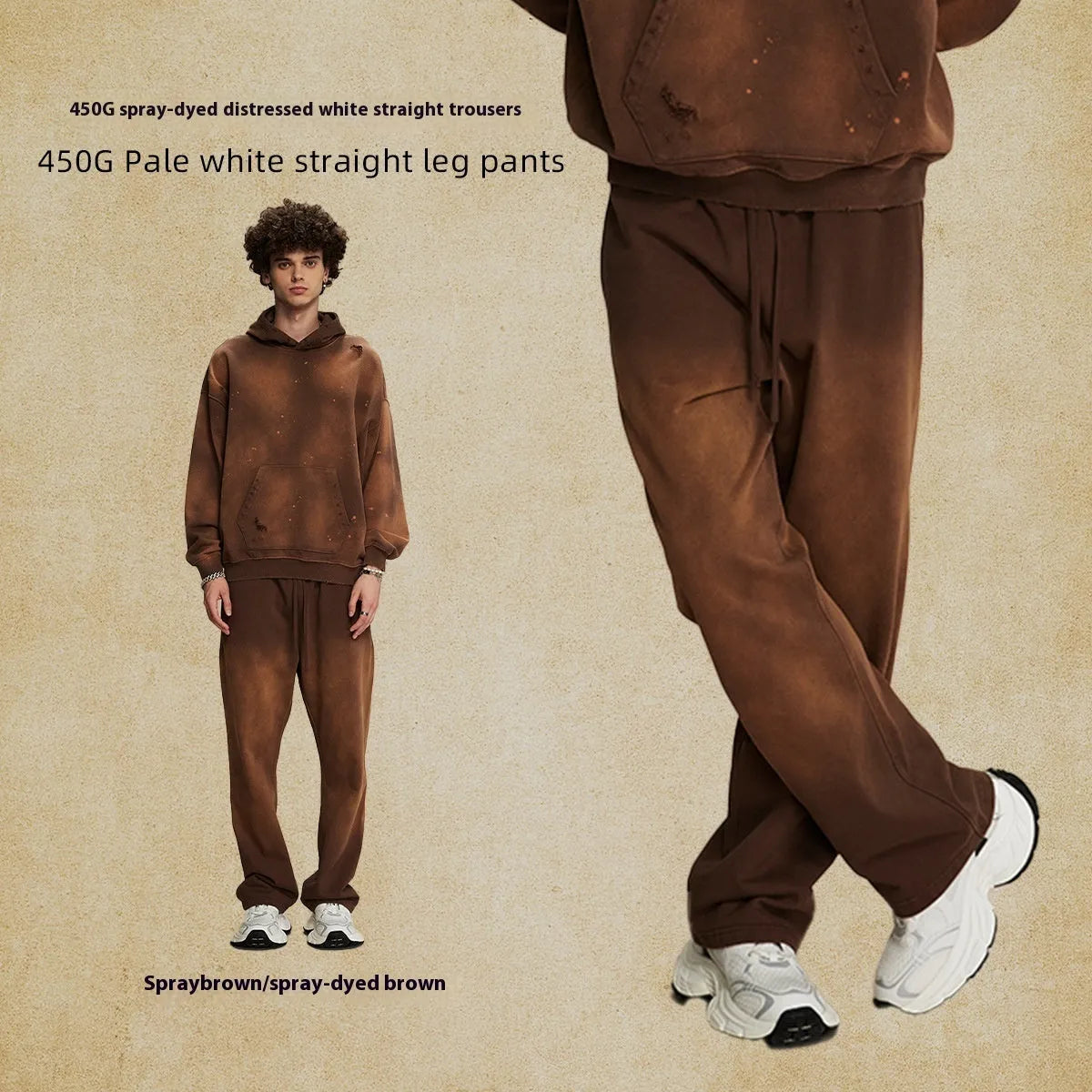 Men's loose cotton trousers in spray dyed colour, straight leg mid-rise cut for retro street style