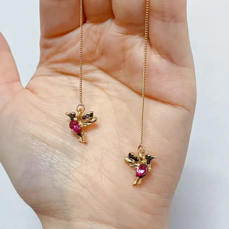 Long drop bird charm earrings in alloy with zircon detailing, available in blue, red, and red lvzuan.