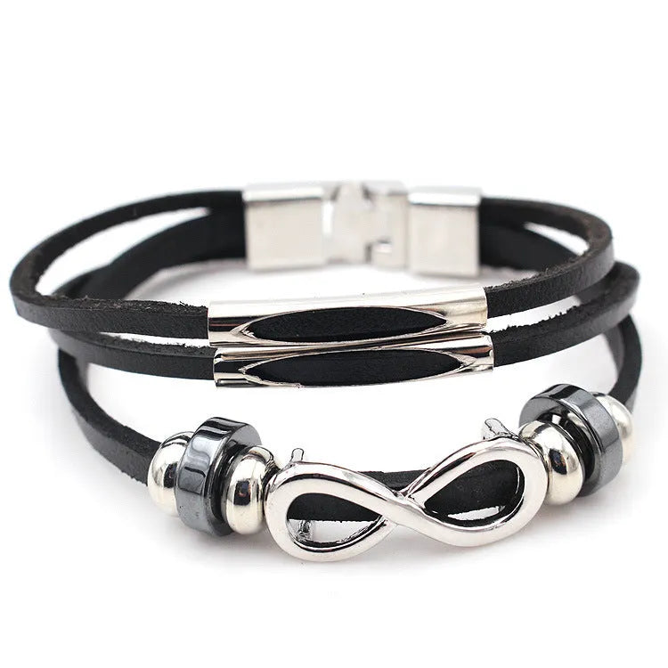 Men's Leather Bracelet Figure 8 Infinity Symbol Cowhide Retro European and American Style Unisex Black Brown Electroplated Silver Pendant Chain Independent Packaging