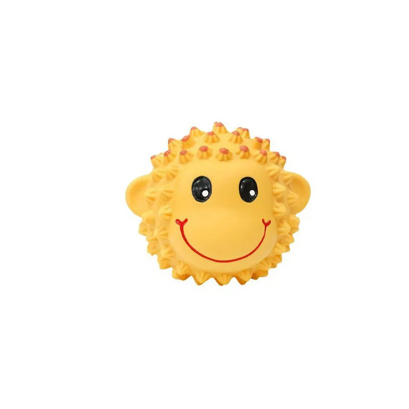 Orange and yellow spiky latex dog toys with squeaker for teeth cleaning during fetch play
