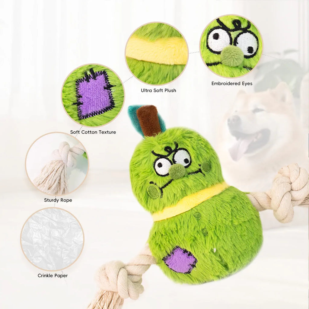 Green and purple plush rope knot dog toy for tug of war and dental care.