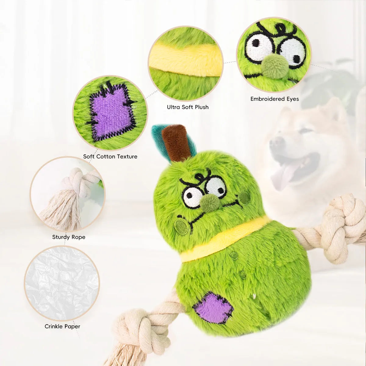 Green and purple plush rope knot dog toy for tug of war and dental care.