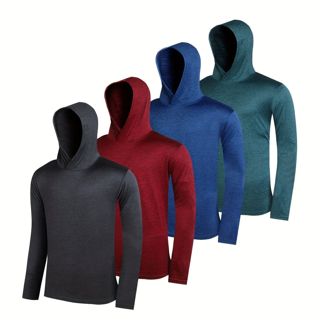 Four men's lightweight polyester hoodies folded together, showcasing elastic fabric and available colour options.