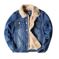 Men's blue fleece-lined denim jacket with patch pockets and cotton lining